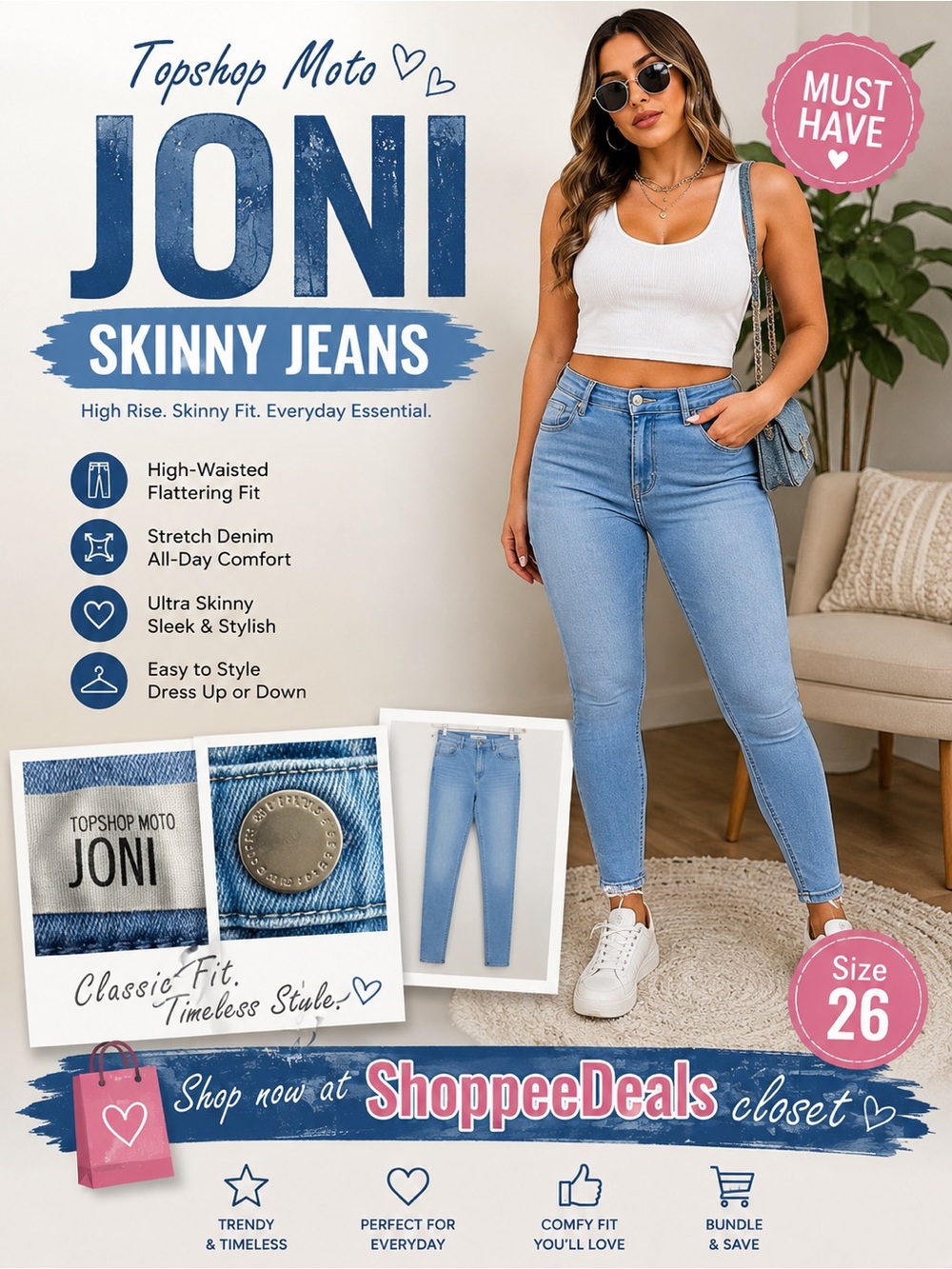 Topshop Moto Joni High-Waisted Skinny Jeans – Light Wash – Women’s W26